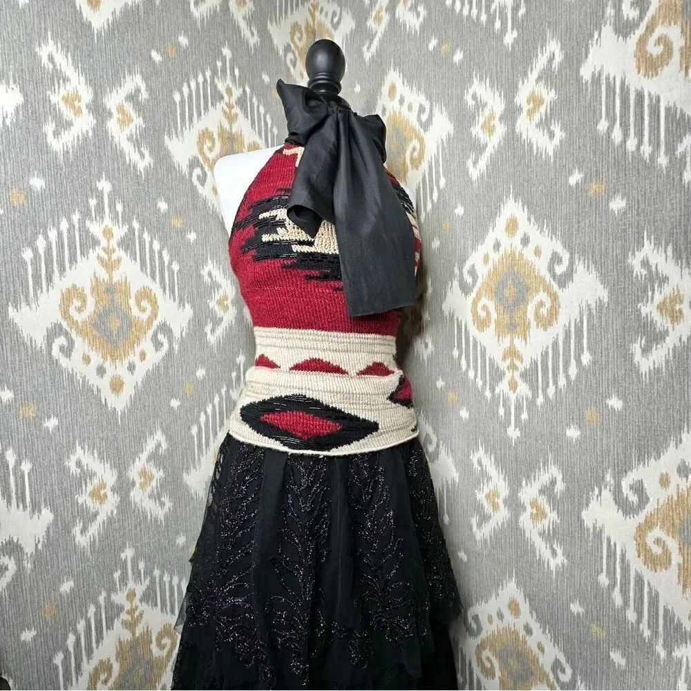 Ralph Lauren * 2011 Hand-Knit Red Beacon Blanket Beaded Halter with Silk Scarf - Picture 7 of 16